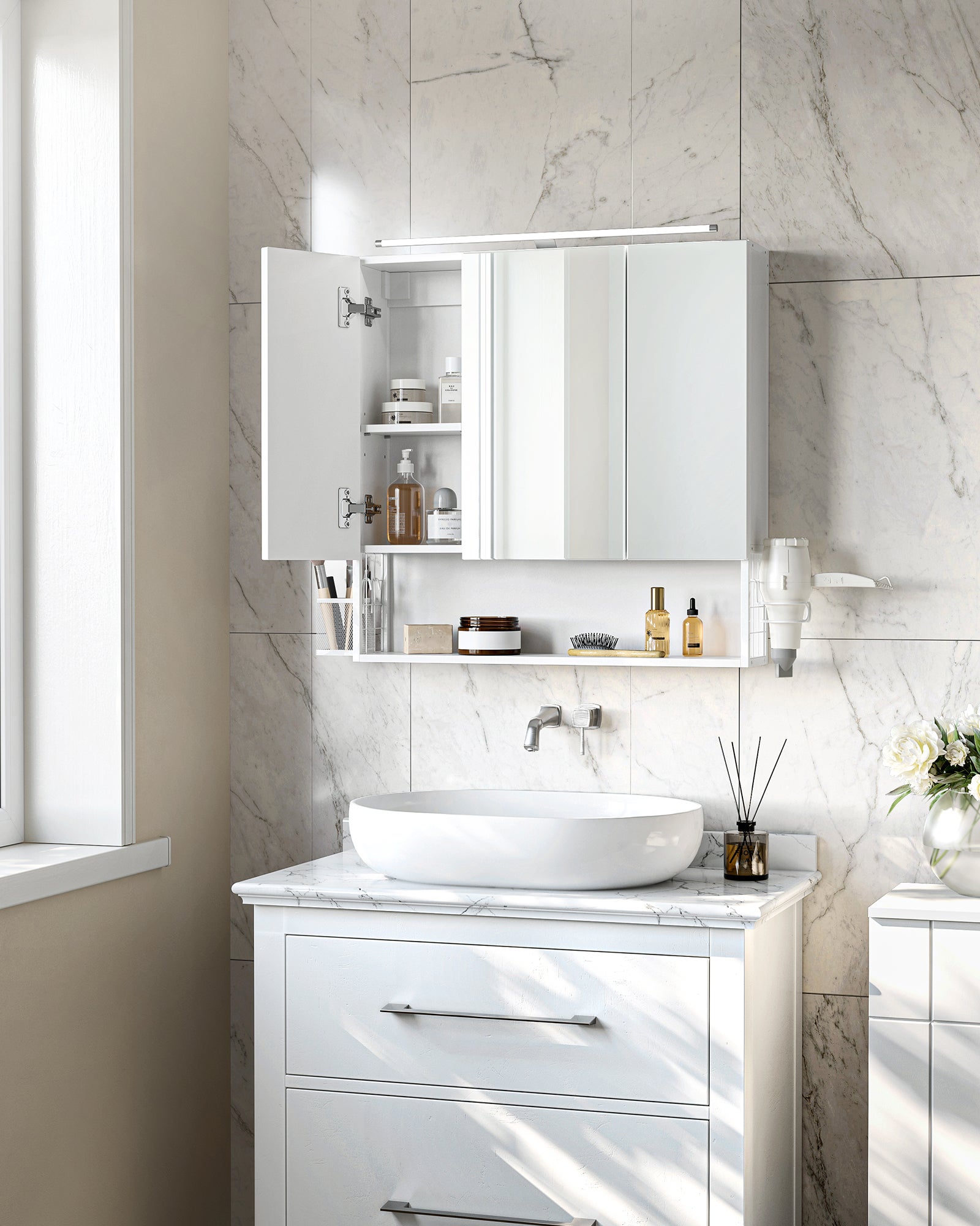 Armoire Murale avec Miroir, avec Lampe LED, avec Câble, Placard 3 Portes, Étagère Réglable, Porte Sèche-Cheveux, Pot, Moderne Chic, Blanc - 5