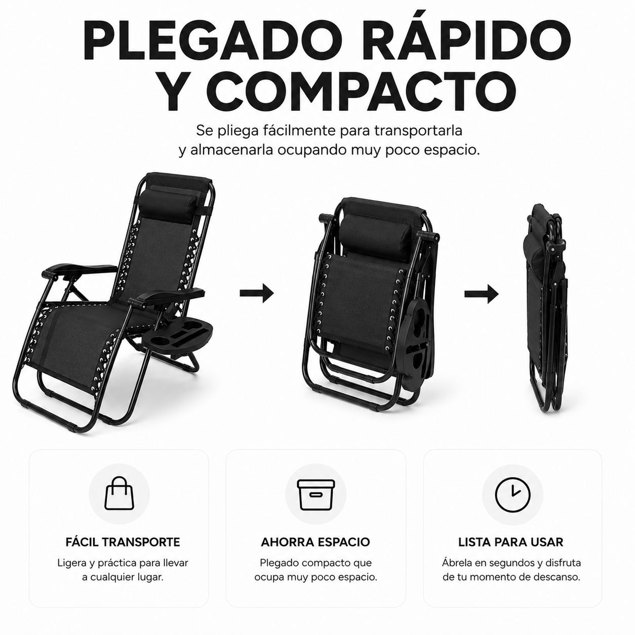 Pack 2 Espreguiçadeiras Dobráveis Praia Pretas com Porta-copos - 5
