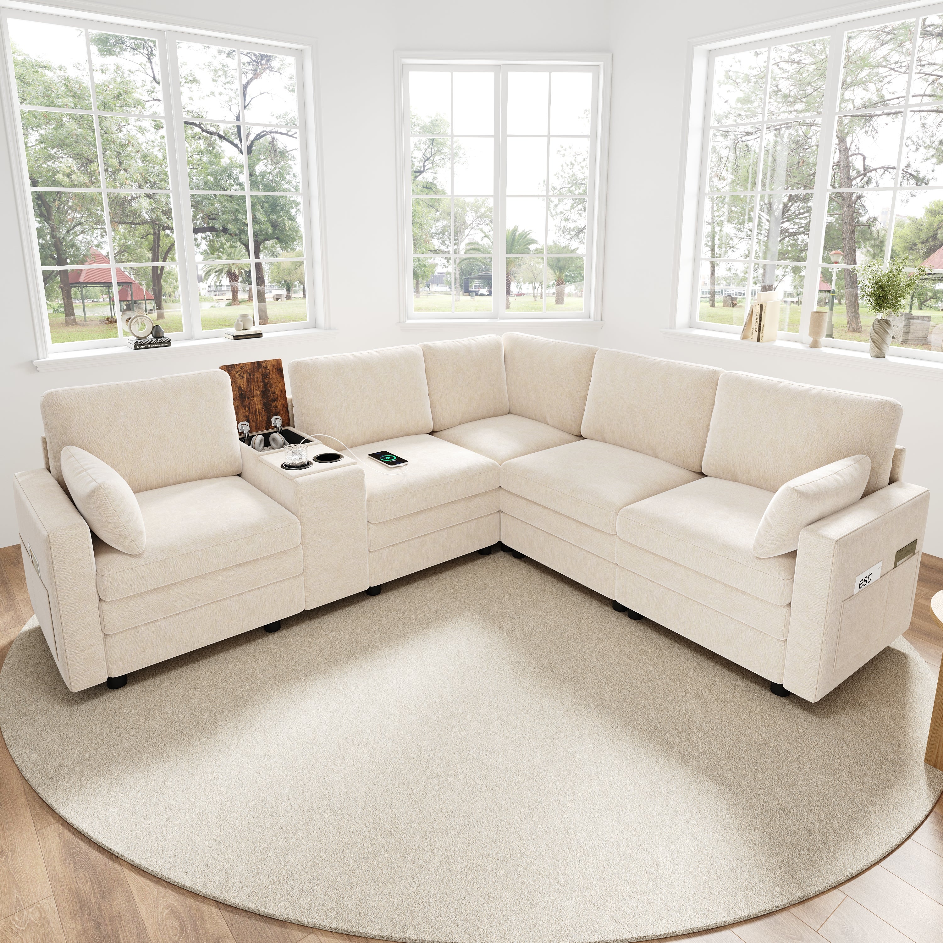 Rewersyjna sofa narożna 5-osobowa z portami USB i Type-C oraz 2 uchwytami na kubki – 227 x 202 x 83 cm – tkanina Chenille – beż