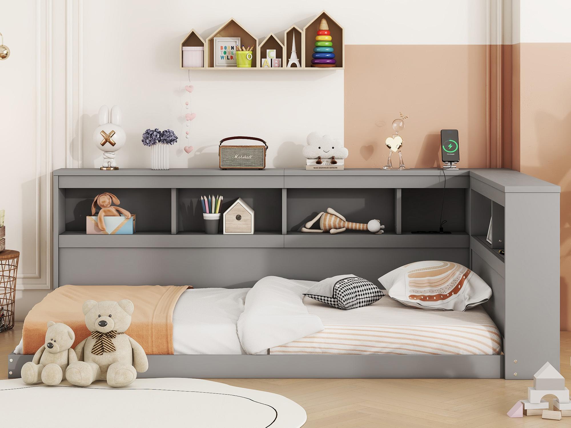 Łóżko pojedyncze 90x200 cm - z portami USB i schowkiem - Szare