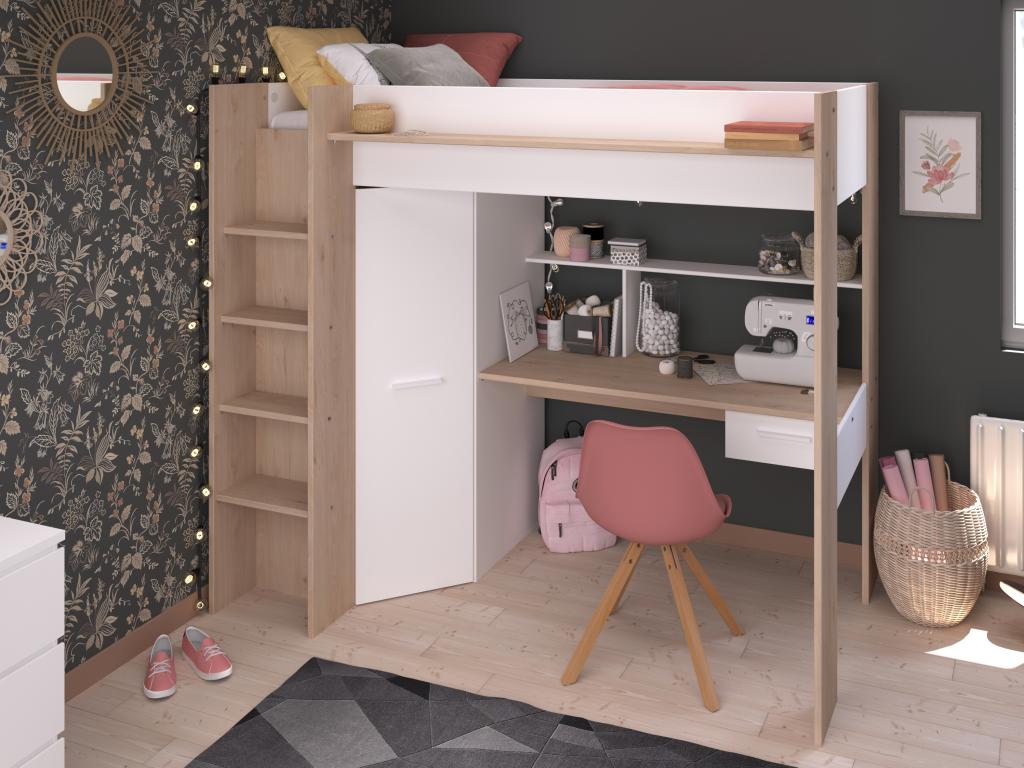 Letto A Soppalco 140x200 Con Scrivania, Armadio, Scaffale E Scala, Luci LED USB, Struttura In Pino Massiccio, Bianco