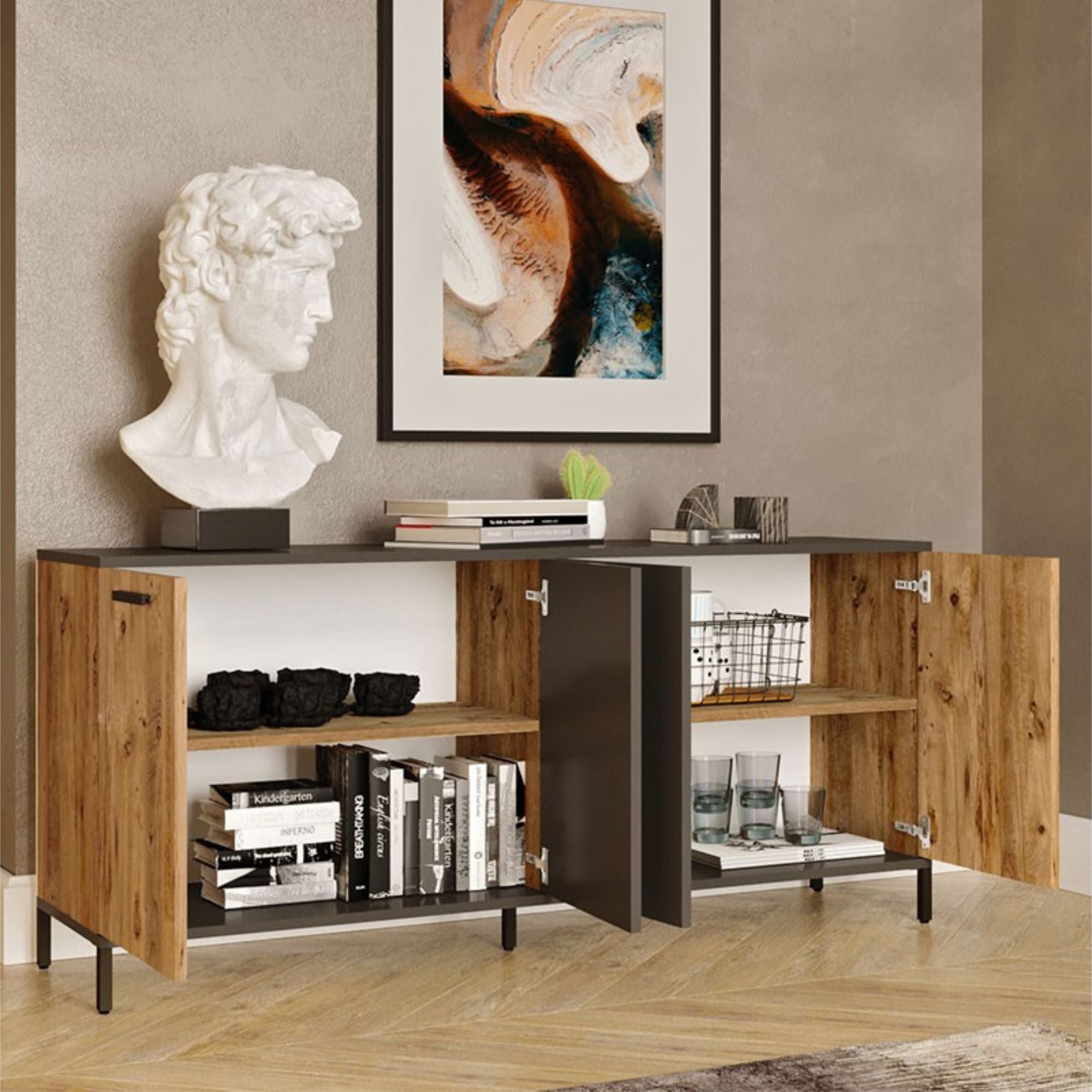 Buffet Moderno de 4 Puertas - Color Gris Oscuro-Roble - 160x40x72cm - Elegante Almacenamiento para Comedor. - 3