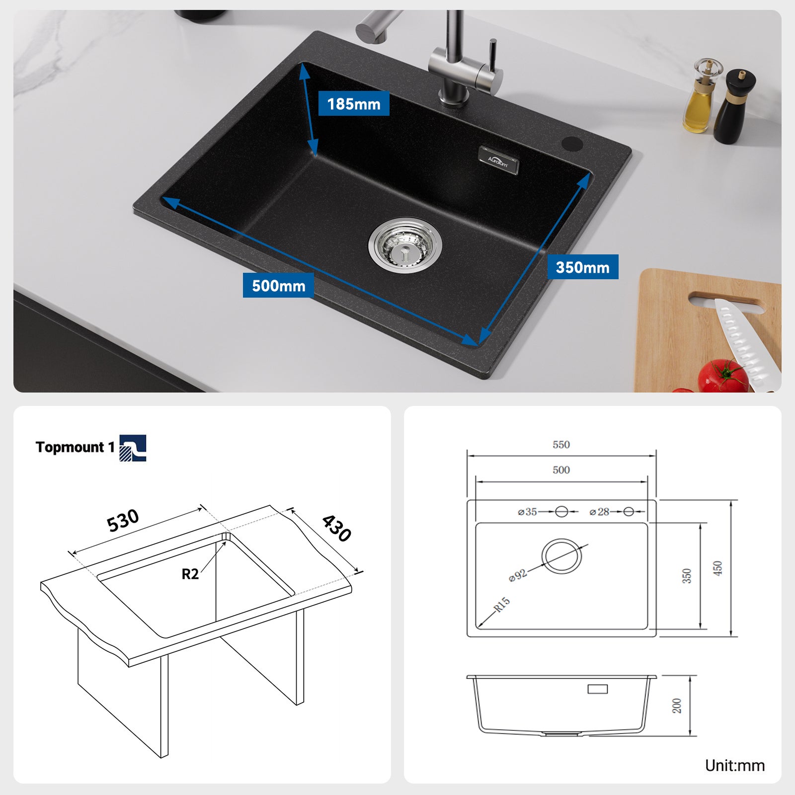 Évier Cuisine en Granit 55*45*20cm, Eveir 1 Bac Kit de Vidage, Évier Cuisine Encastré, Noir evier a poser - 5
