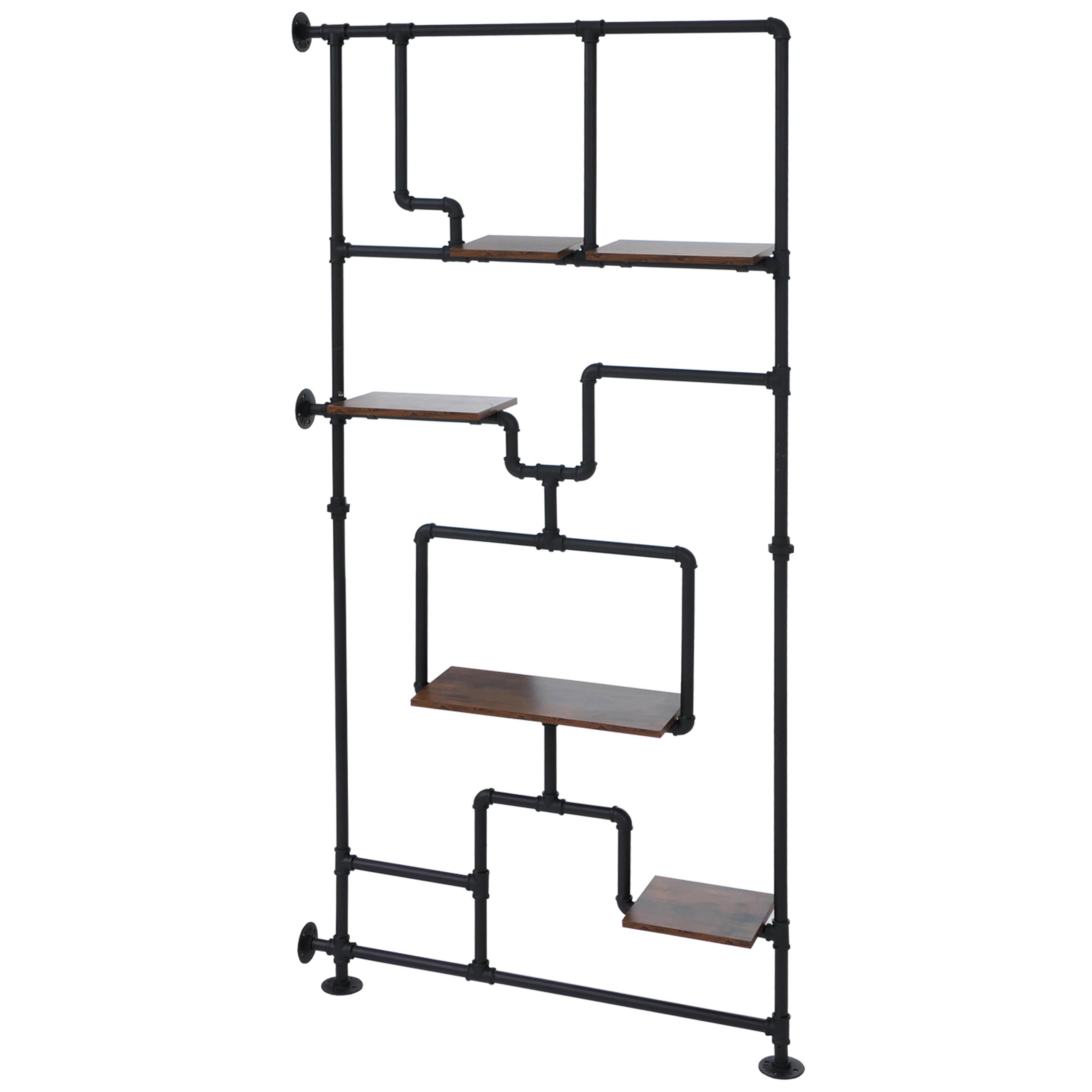 Przegroda z półką HWC-P10, półka do salonu, półka do przechowywania, metal industrialny melamina MVG 203x100x20cm ~ ciemnobrązowa