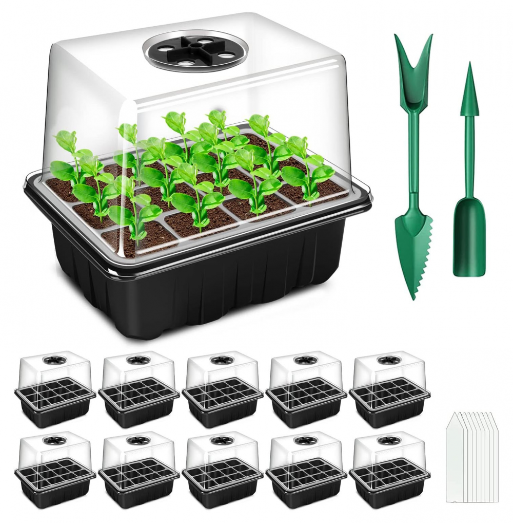 Miniaturowa szklarnia do roślin, 10 sztuk, 120 komór, tacka na sadzonki do wnętrz z podniesionymi pokrywkami, tacka na sadzonki do szkółki, czarna