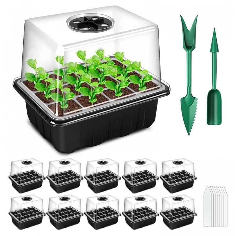 Miniaturowa szklarnia do roślin, 10 sztuk, 120 komór, tacka na sadzonki do wnętrz z podniesionymi pokrywkami, tacka na sadzonki do szkółki, czarna