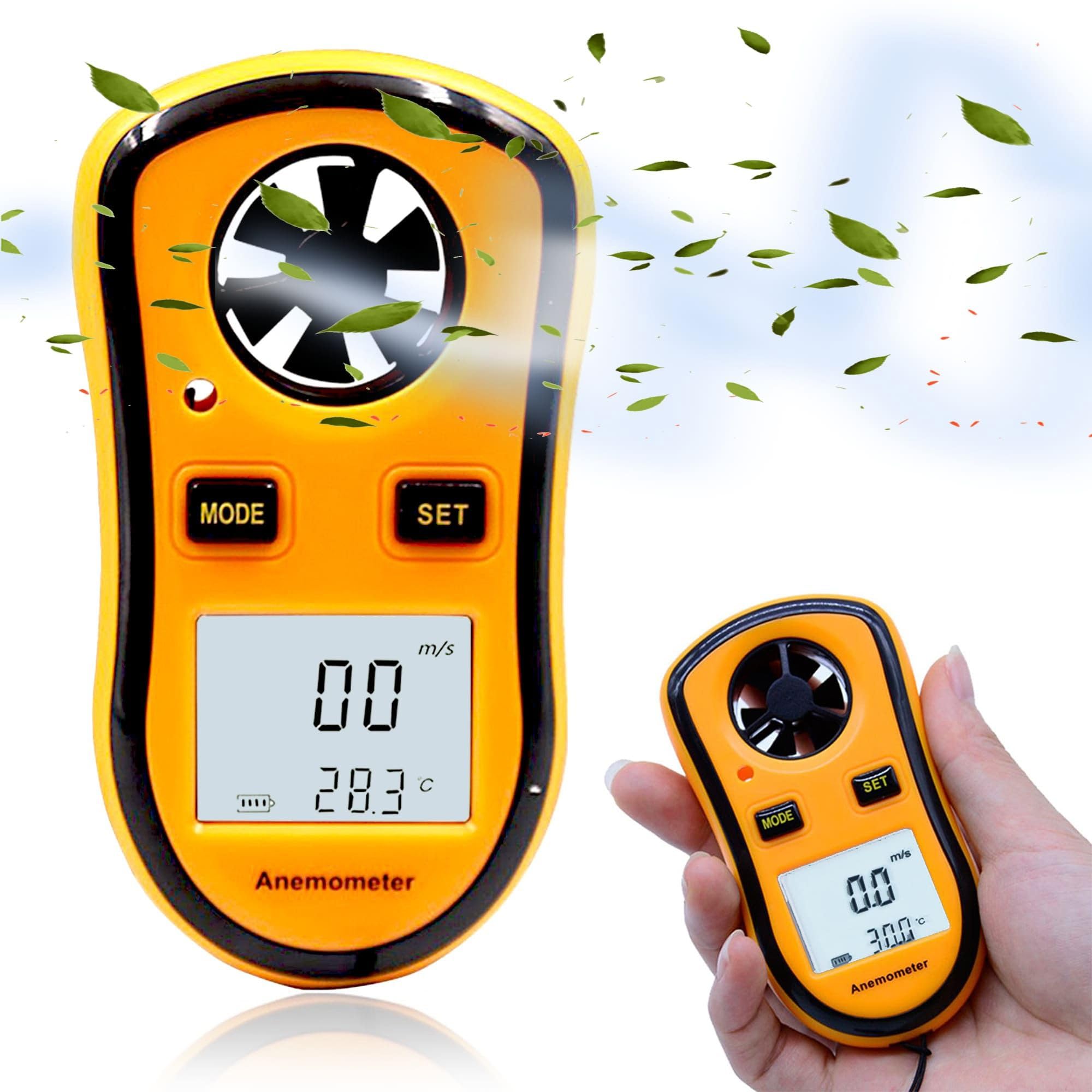 Przenośny anemometr cyfrowy, mierzy prędkość wiatru (aktualną/średnią/maksymalną), podświetlany ekran LCD, do windsurfingu, 1 bateria w zestawie