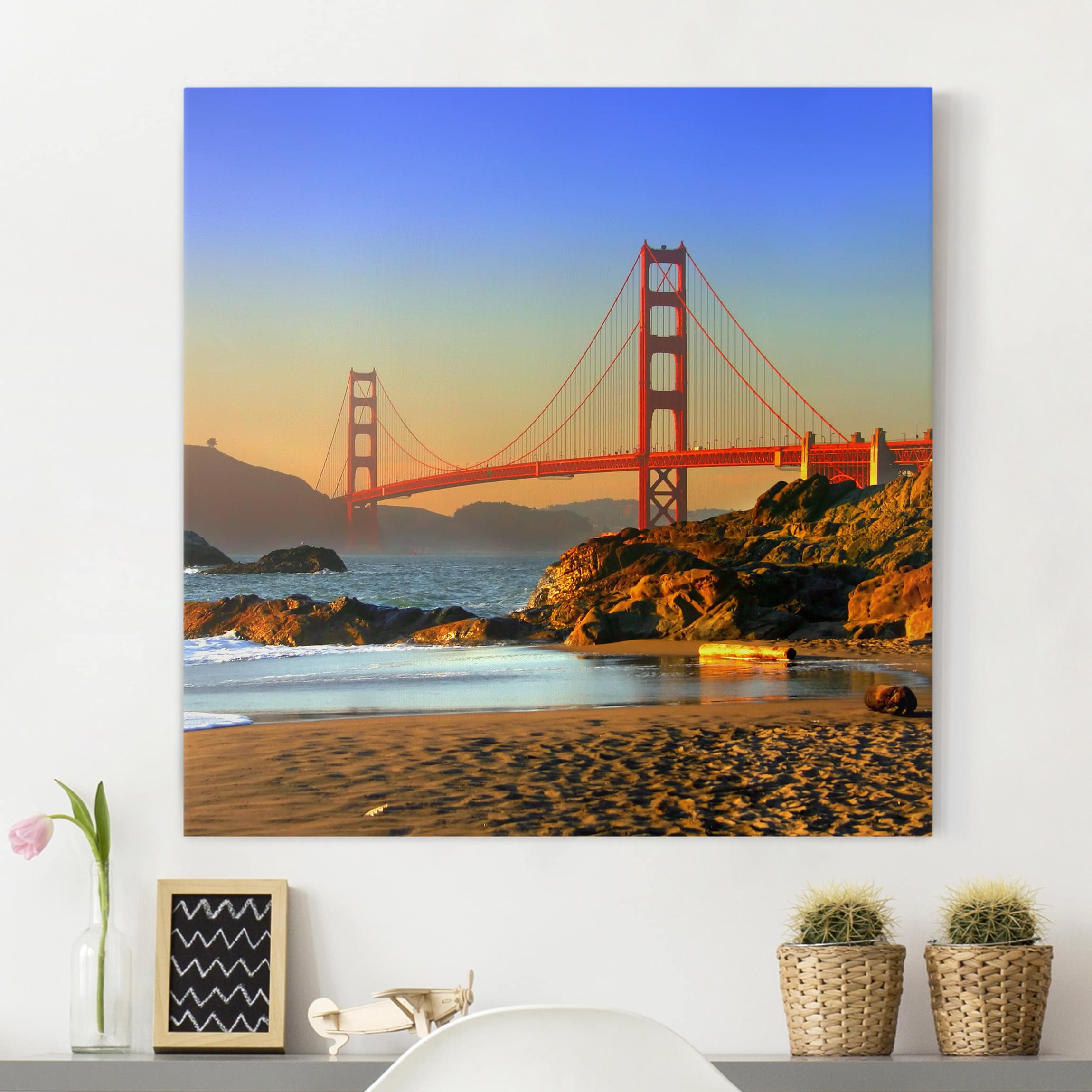 Tableau Moderne Sur Verre 100x50 Cm - Impression Architecture Pont Et Mer, Couleurs Brun/rouge/bleu