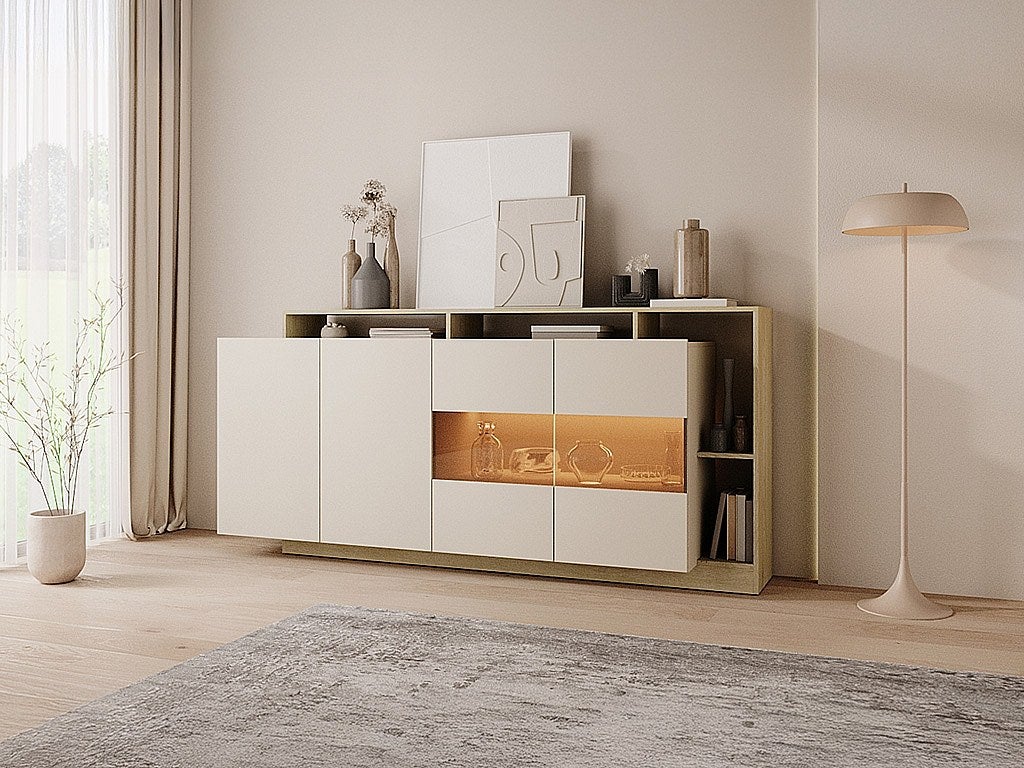 Komoda 4-drzwiowa z 4 wnękami i oświetleniem LED - Beżowy i Jasny naturalny - IDESIA