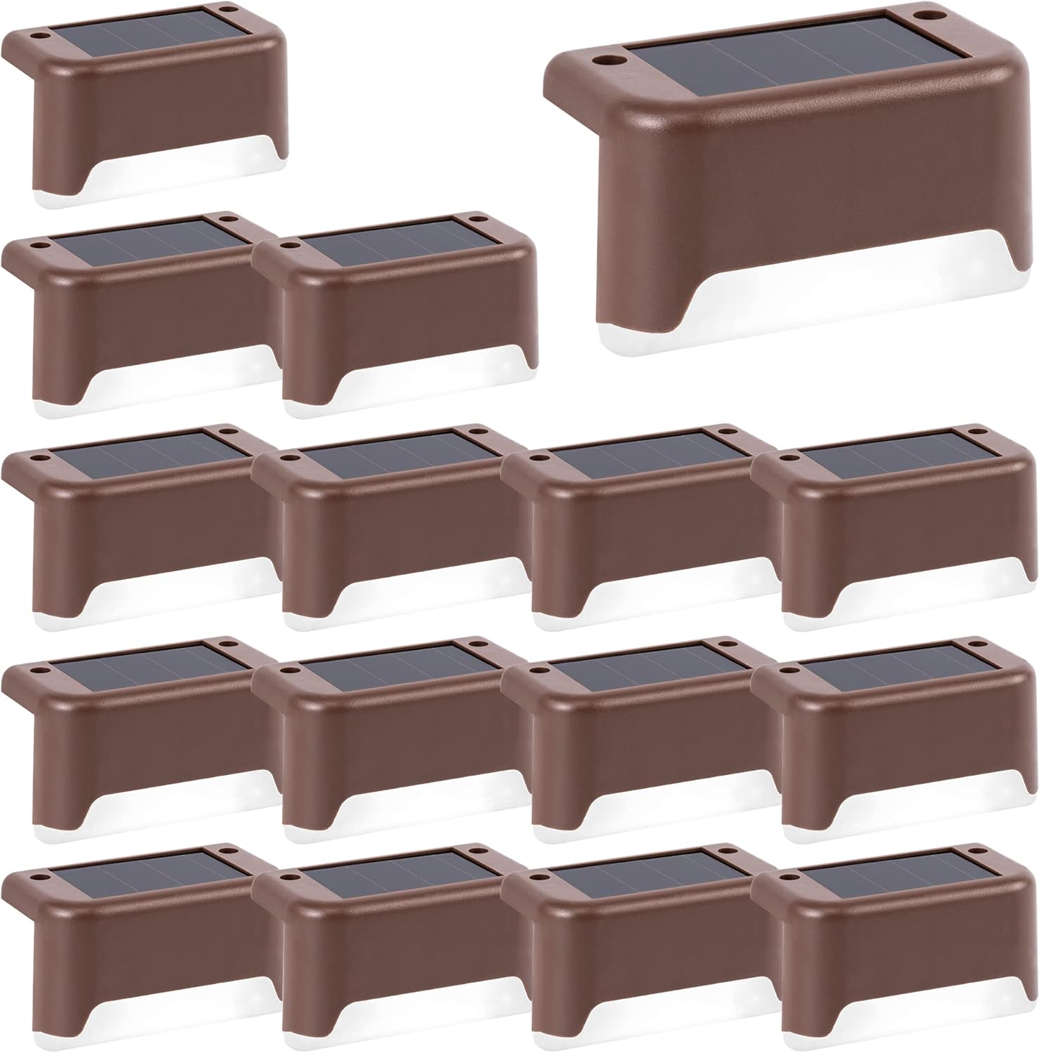 Zestaw 16 wodoodpornych lamp solarnych do ogrodzeń, schodów, tarasów i alejek (brązowe i białe)