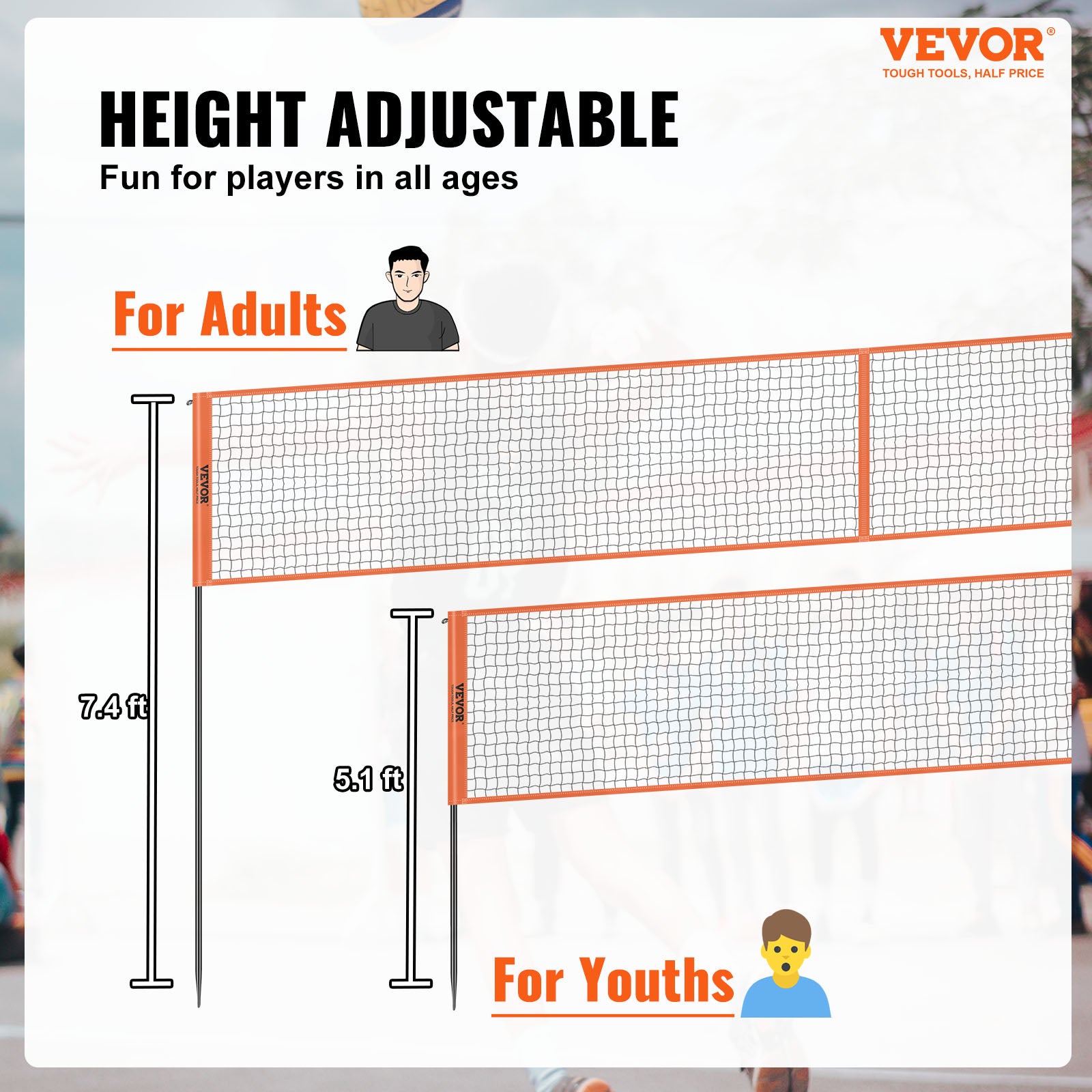 Filet De Badminton/Volleyball Ikodm - Portable, Hauteur Réglable 93-155cm, Avec Sac