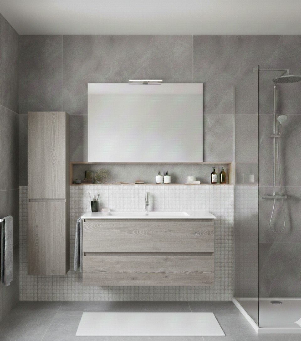 Conjunto mueble de baño loki ya montado 2 cajones con patas, lavabo y espejo roble smoky 120x45 cm 1 seno con columna