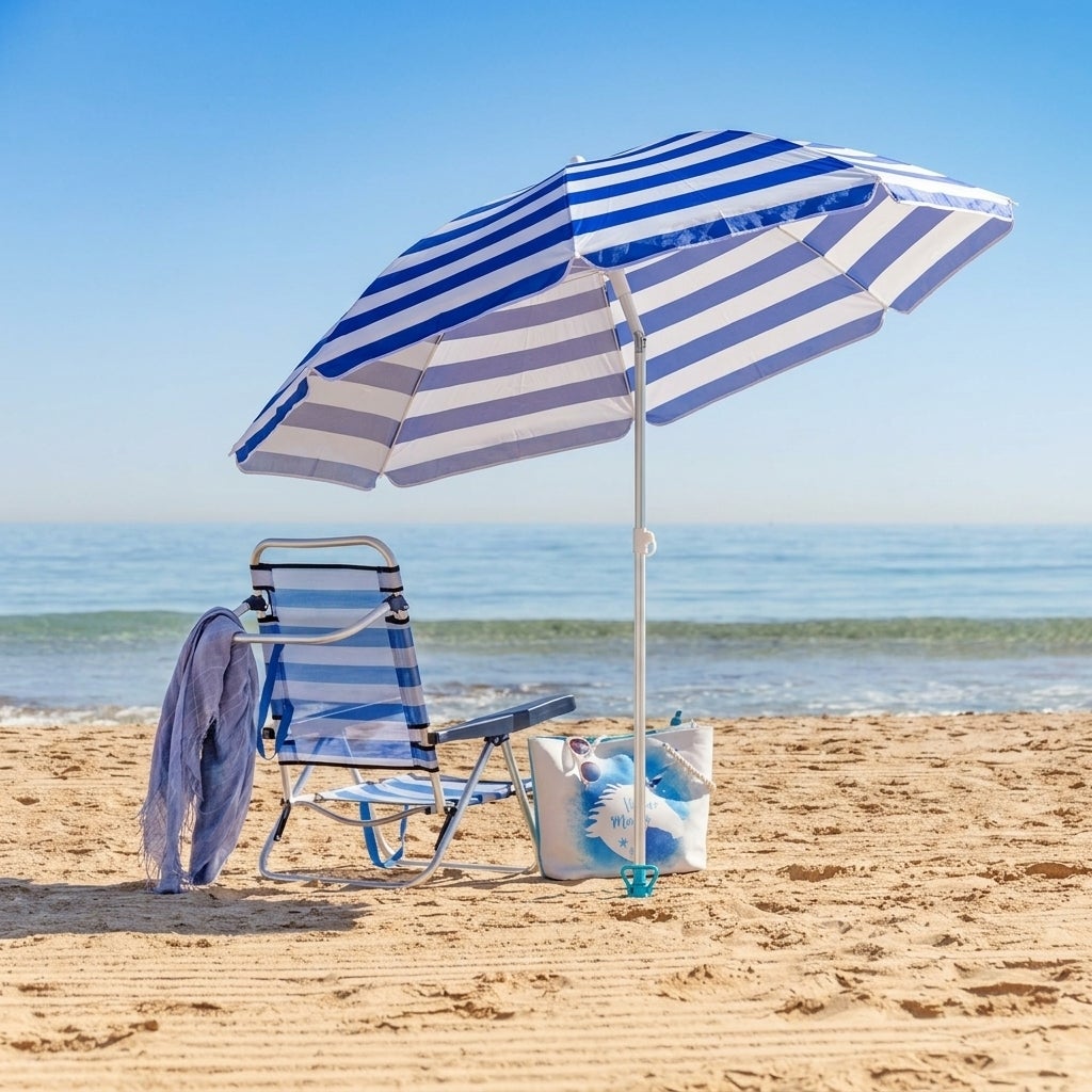 Sombrilla Playa Plegable 180cm Anti Viento con Soporte Arena Protección Solar de Raya Azul - 2