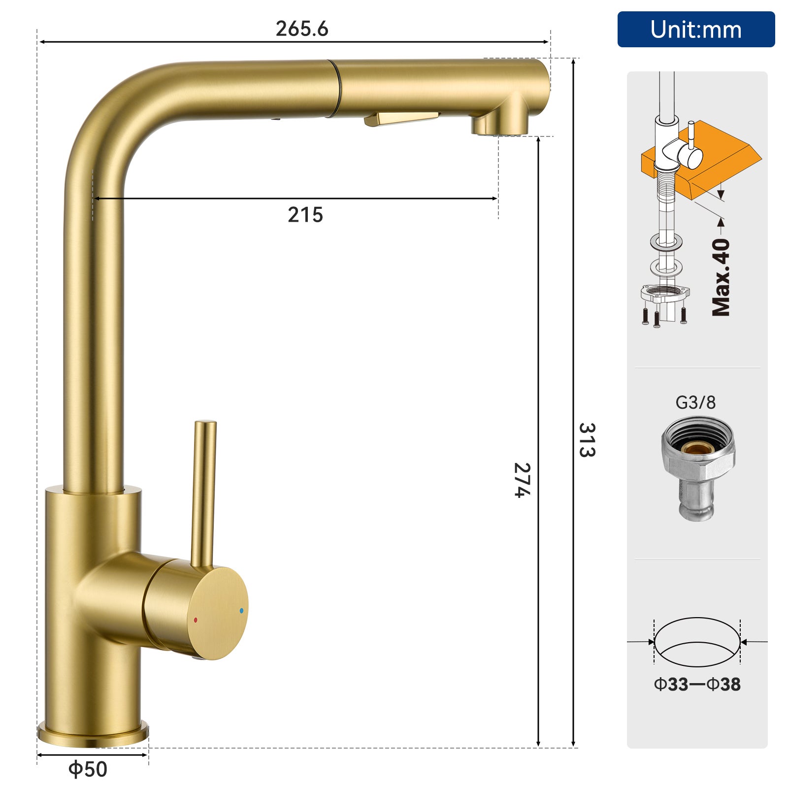 Mitigeur Cuisine avec Douchette Extractible, Monocommande, Rotation à 360°, 2 Modes de pulvérisat Robinet d'évier Cuisine, Jaune doré - 7