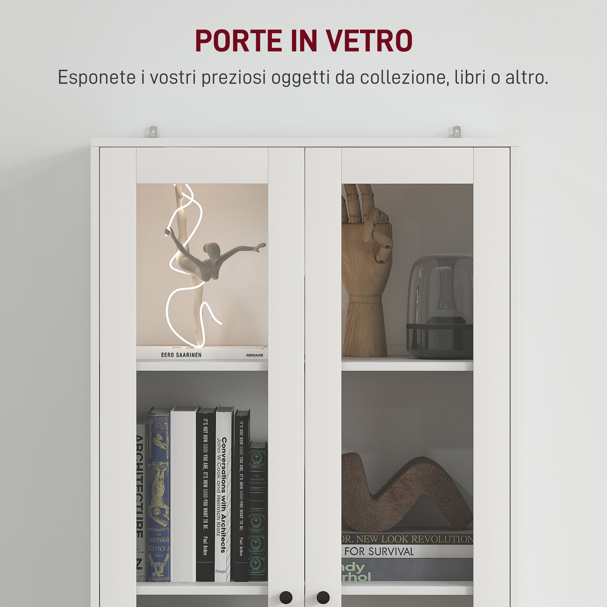 HOMCOM Credenza Cucina con Armadietto e 2 Cassetti, Ante in Vetro e Ripiani Regolabili, 59x30x164 cm, Bianco - 6