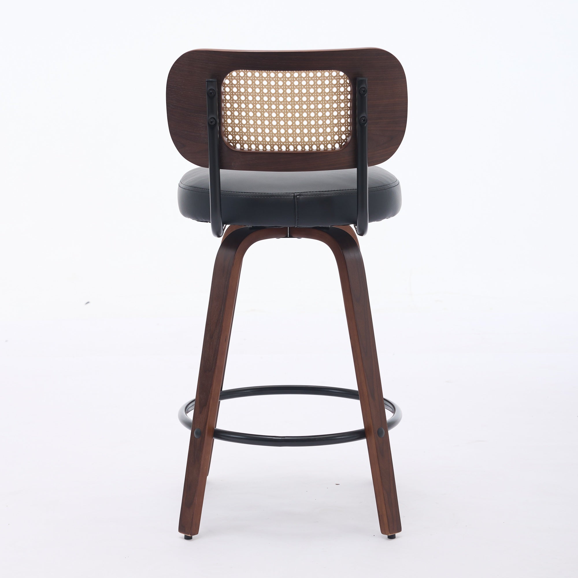 Lot de 2 chaise de bar Noyer Hauteur Comptoir 66 cm, Tabouret de bar Dossier en Cannage, Assise Rembourrée Noir, Salle a manger Fonction Pivotante - 8