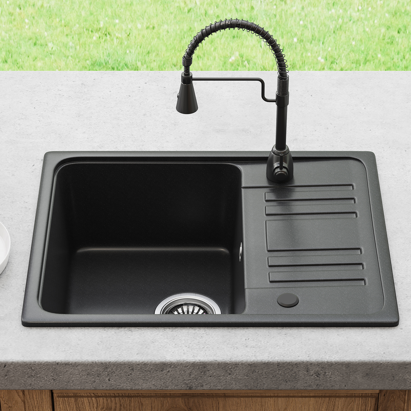 Mexen Diego Fregadero De Granito De 1 Cubeta Con Grifo De Cocina Duo, Negro   6512 77 671701 57 B 96840305