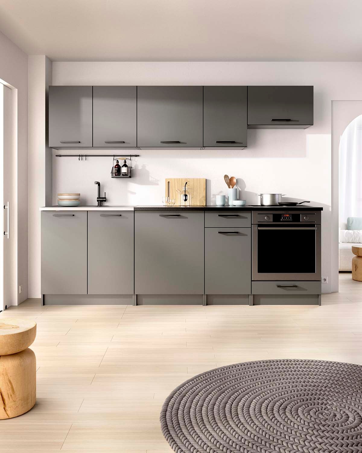 Cocina modular kirsten con módulo de horno y 240cm ancho negro y grafito para hogar moderno mueble de almacenaje - homekit