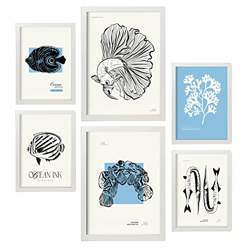 Set de 6 posters en tinta negra peces láminas artísticas del mar y océano para el diseño y decoración de interiores tamaños a3 & a4, marcos blancos