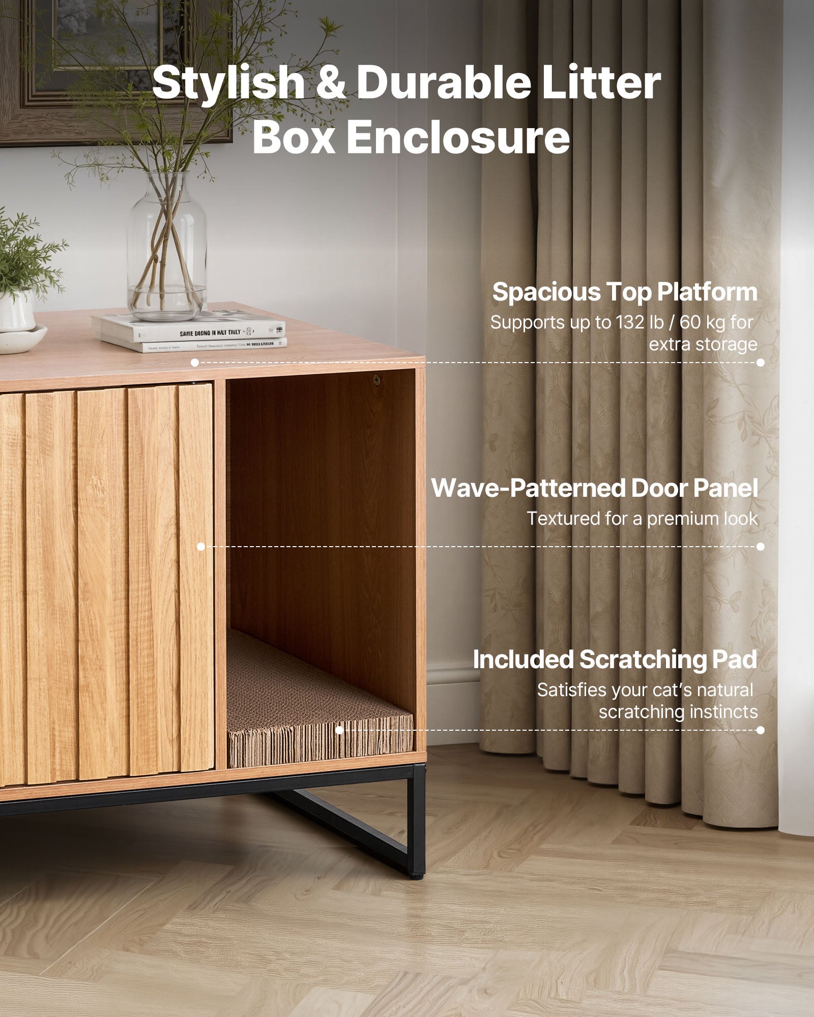 Meuble cache-litière VEVOR, bois, 80×51×56,8 cm, niche avec griffoir, compatible plupart bacs, pour salon - 5