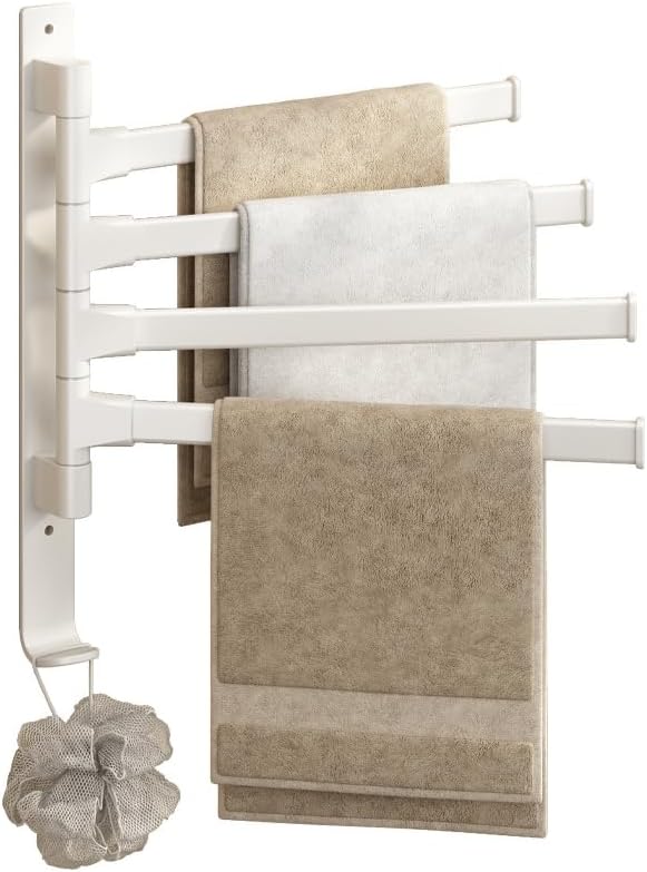 Wieszak na ręczniki ścienny, wieszak na ręczniki z 4 obrotowymi drążkami 180°, nie wymaga wiercenia, do łazienki i kuchni, biały