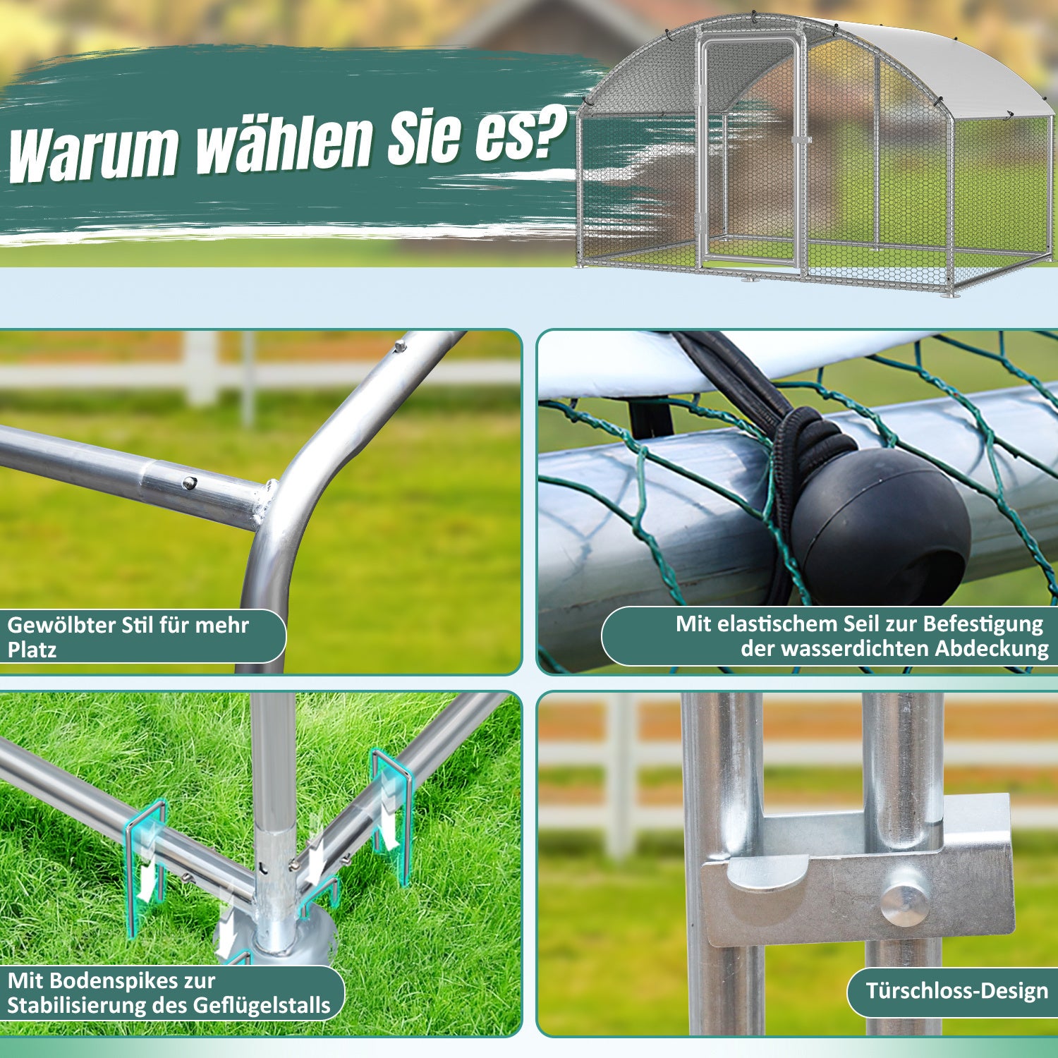 Kurnik 3×8×2 m z łukowatym dachem – woliera zewnętrzna, zagroda dla małych zwierząt, klatka dla kur z ocynkowanej stali - 4