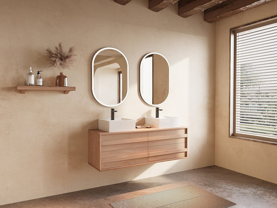 Szafka łazienkowa podwieszana z litego dębu z kwadratową umywalką nablatową - Jasny naturalny - 150 cm - SARLO