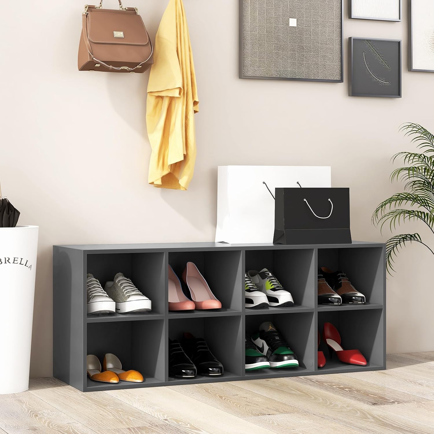 Ławka do Przechowywania Butów z 8 Przegrodami, Ławka do Przedpokoju z 3 Poziomami, Organizer na Buty, 102 x 30 x 41 cm, Szara