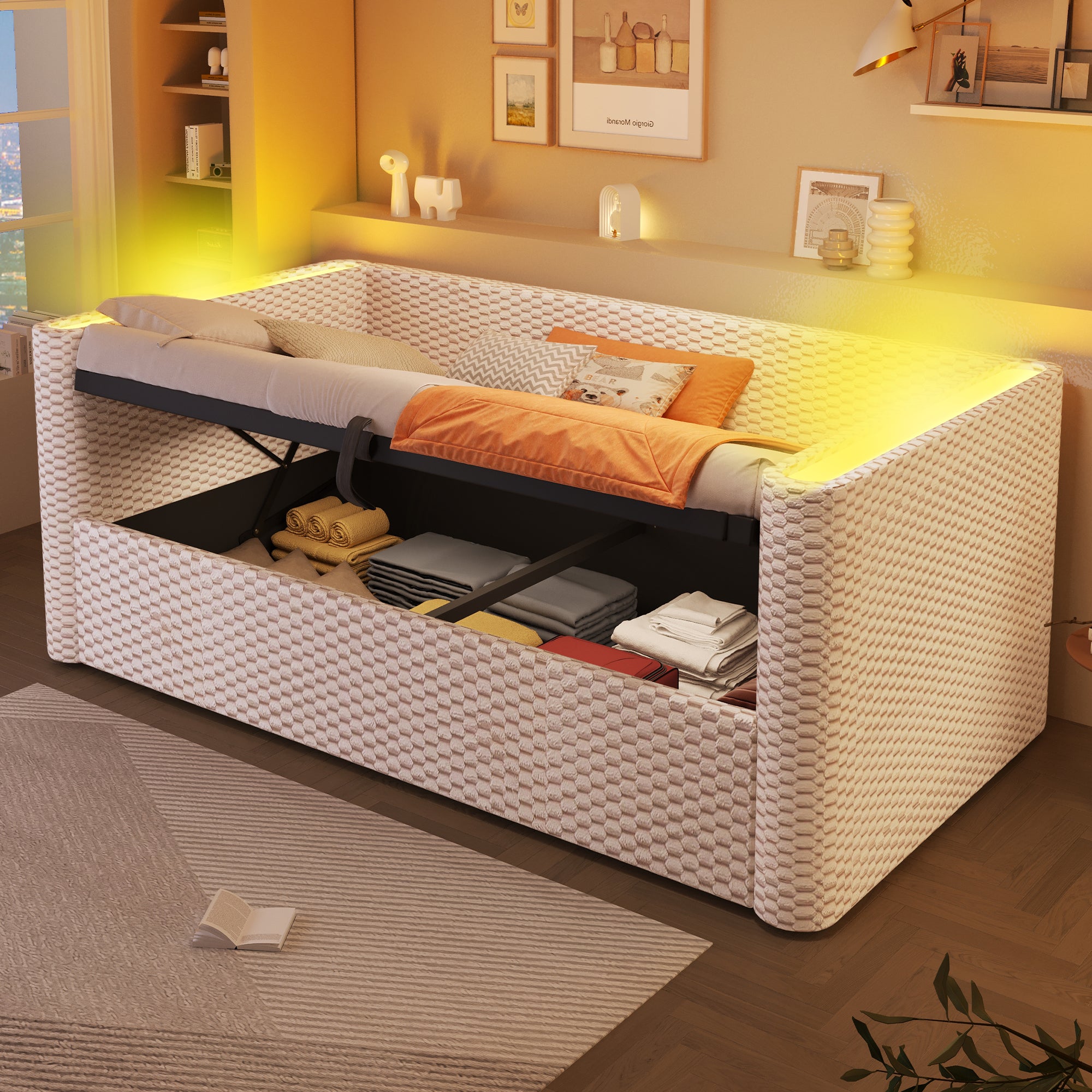 Łóżko z pojemnikiem 90 x 200 cm, sofa rozkładana, z podłokietnikami - aksamitne - diody LED - beżowe (materac nie jest wliczony w cenę)