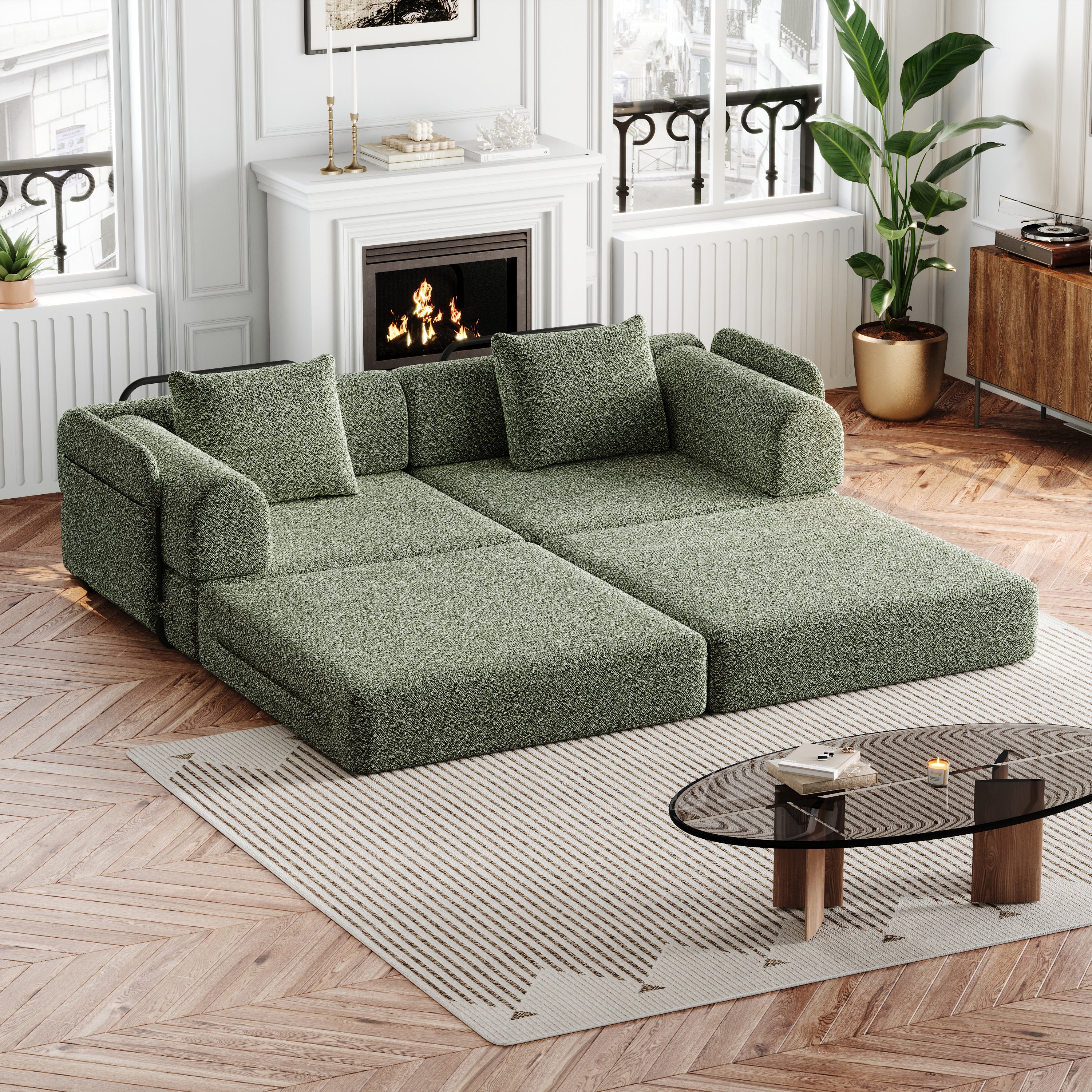 Canapé convertible 2 en 1 avec rangement accoudoir,canapé nuage structure métal multi-configurations,assise confortable pour salon,tissu chenille,vert - 7