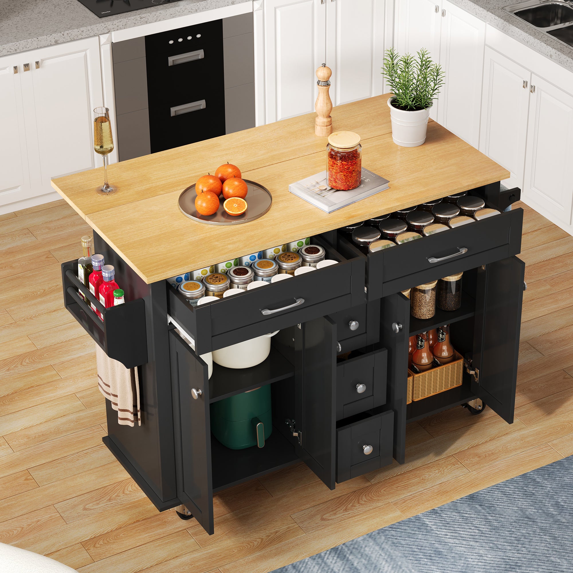 Redom  Isla De Cocina 120X65x89cm Movil Con Gran Espacio De Almacenamiento Mdf Y Natural Negro , Leroy Merlin