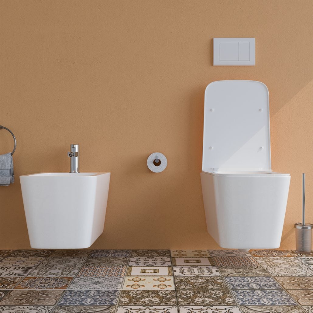 Sanitari bagno Bidet e Vaso WC SOSPESI filomuro RIMLESS in ceramica con sedile coprivaso softclose CUBE - 6