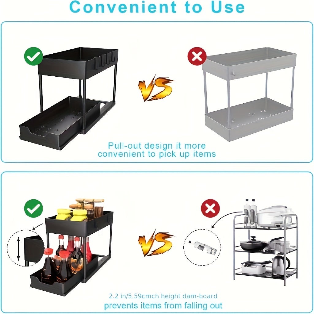 Organiseur coulissant à 2 niveaux sous évier, paniers de rangement en plastique, support de tiroir pour épices de cuisine et salle de bain - 9