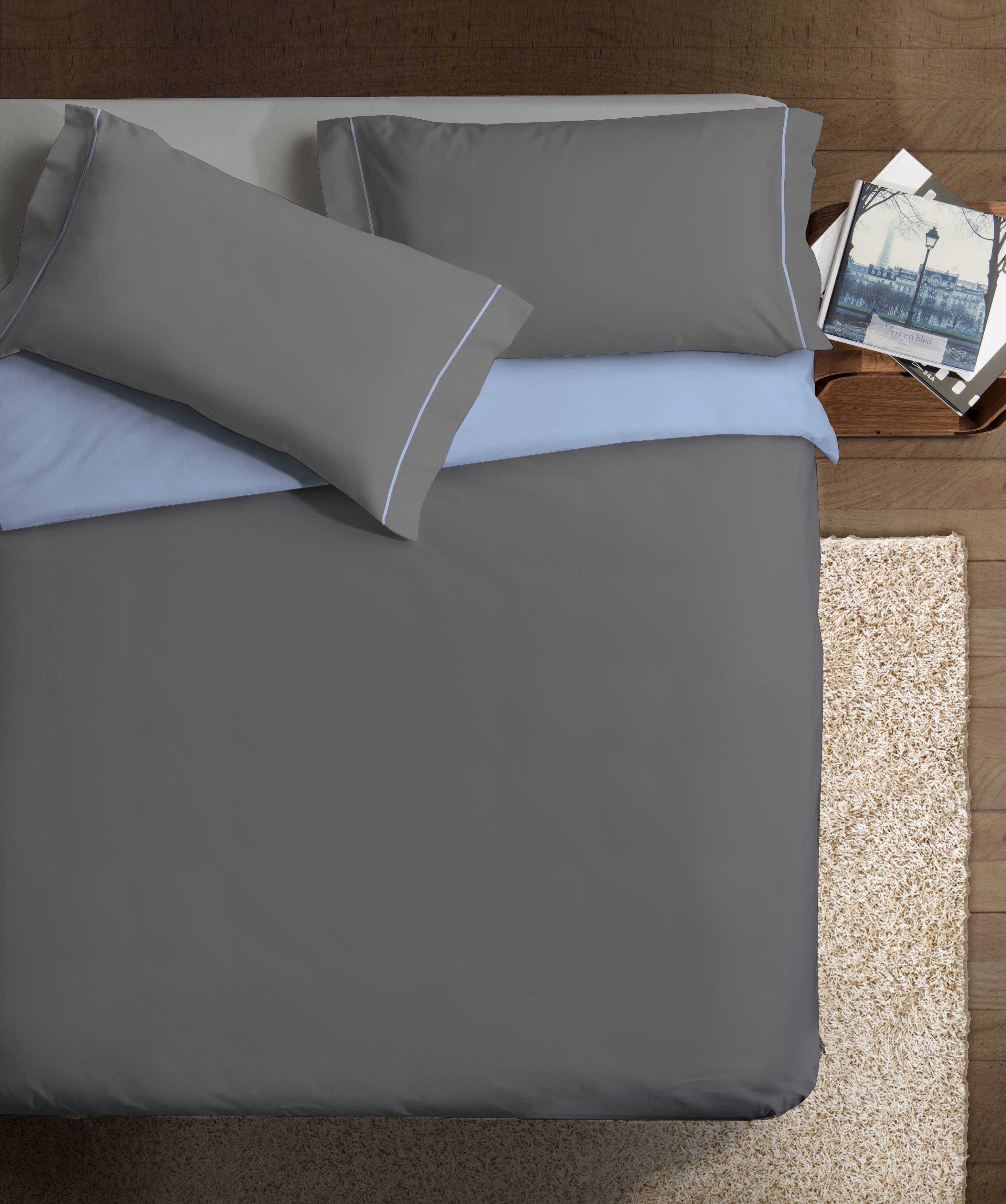 IPERSAN Parure Copripiumino Double-Color in 100% puro cotone, 1 Piazza e mezzo, tinta unita, Grigio/Azzurro - 2