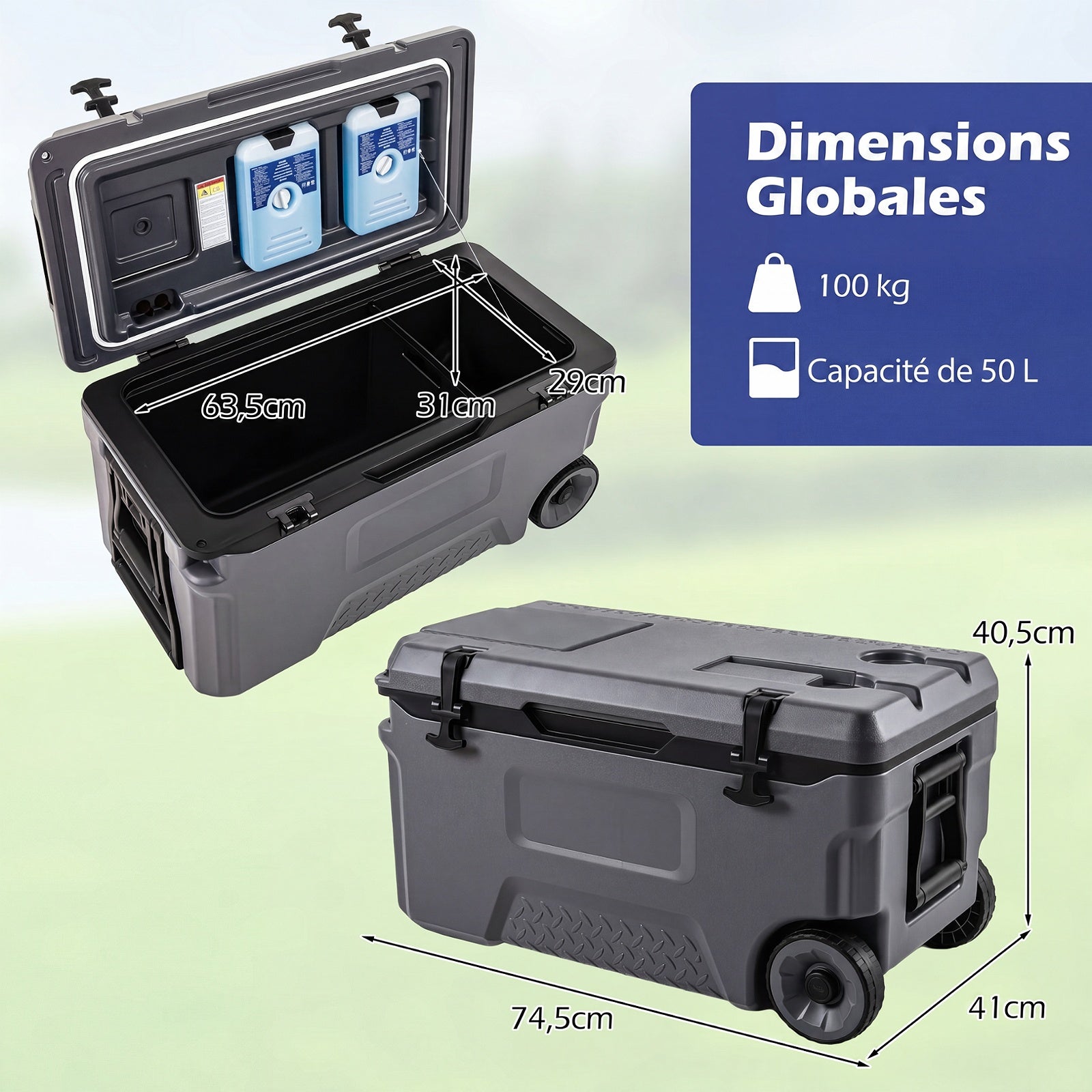 Glacière, Poignées et Roulettes Transport, Glacière Portable de 50L, Orifice de Sortie, Emplacement du Gobelet, Garder la Glace Jusqu'à 6 Jours, Gris - 3