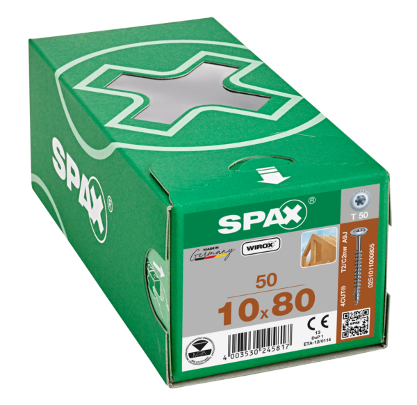SPAX T-Star Plus 251011000805 - Viti per costruzioni in legno, 10,0 x 80 mm, 50 pezzi, testa piatta, filettatura parziale, 4CUT, WIROX A3J, 0251021000