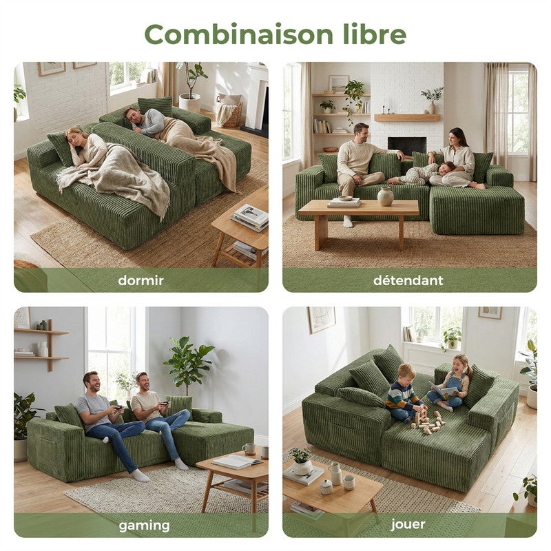 DRIPEX Canapé d'angle droit en velours côtelé avec 4 coussins,Canapé Modulable 4 places avec méridienne en L,261×156×80cm,Vert - 6