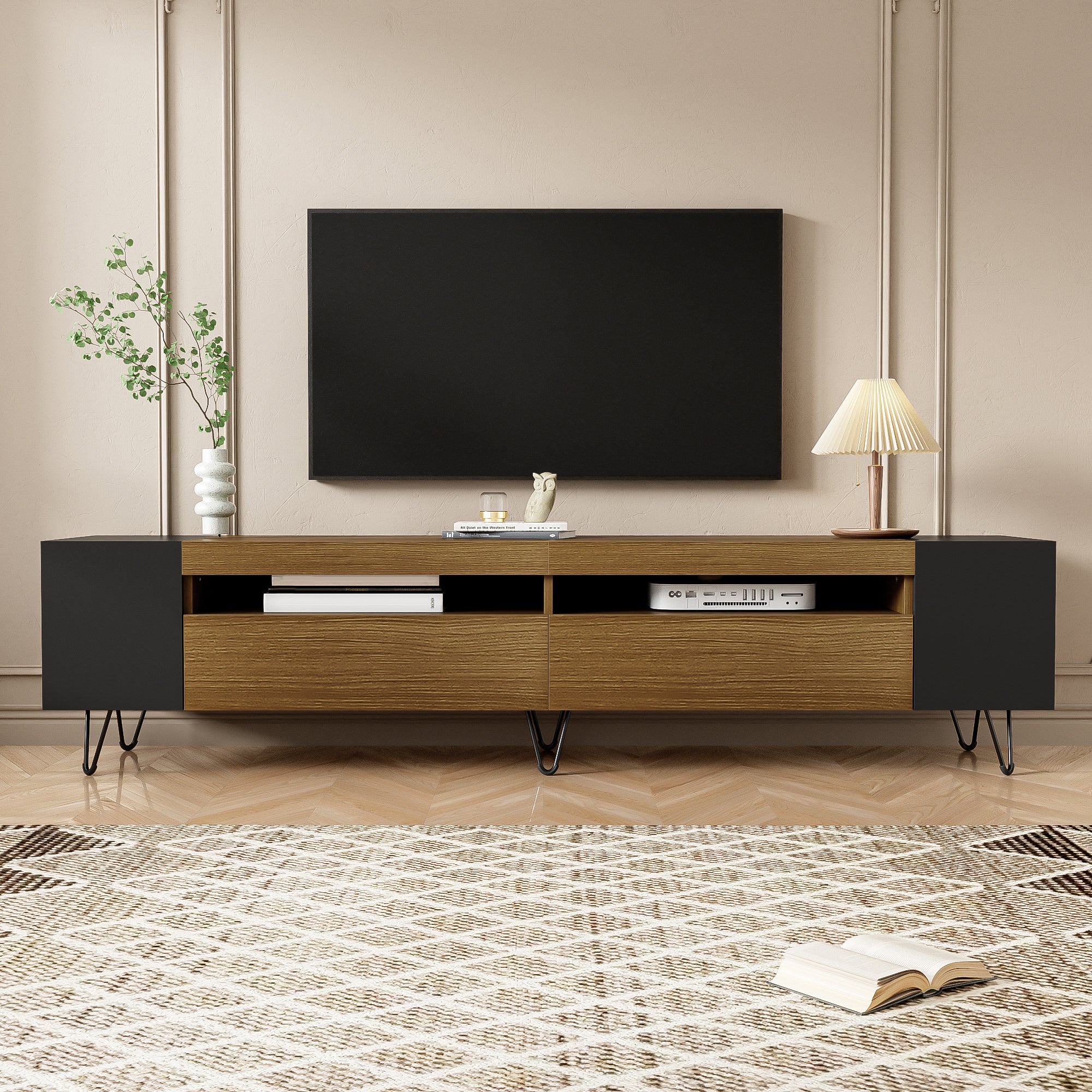 Szafka RTV z 2 drzwiami i bocznymi wnękami - 180 x 36 x 43 cm - diody LED - płyta MDF i wiórowa - kolor czarny + naturalny