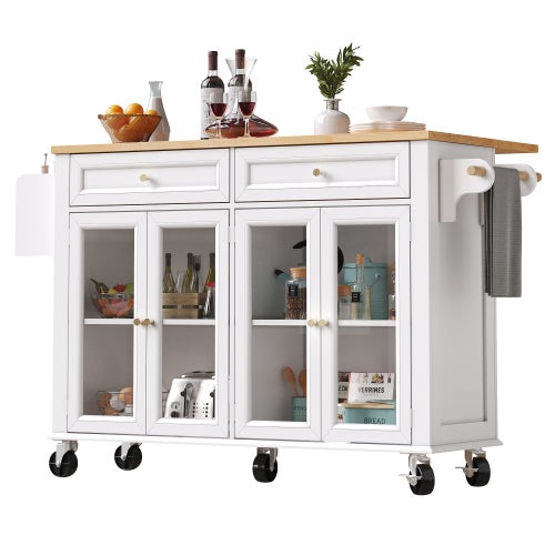 Isola Cucina Con Ruote E Ante In Vetro | Mobile Buffet 140x72x90 Cm | Due Modalità: Fissa O Mobile | Cassetto E Ripiani