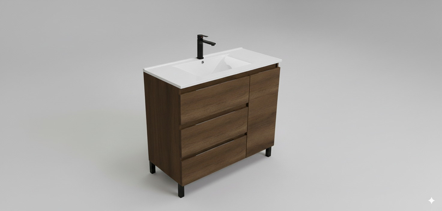 Ensemble armoire et plan de travail Alessandria en 100 cm, finition noyer avec poignée exécutive - 2