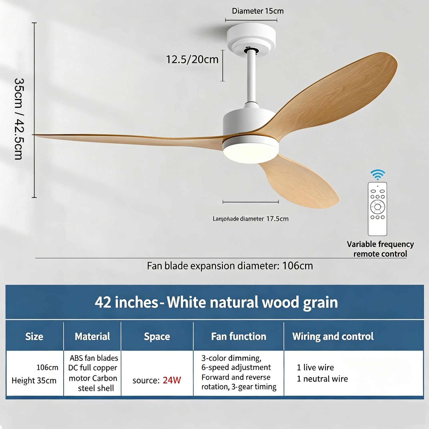Ventilateur de plafond de 106 cm avec lumière et télécommande, moteur CC silencieux, 6 vitesses, 3 températures de couleur, minuterie - 5