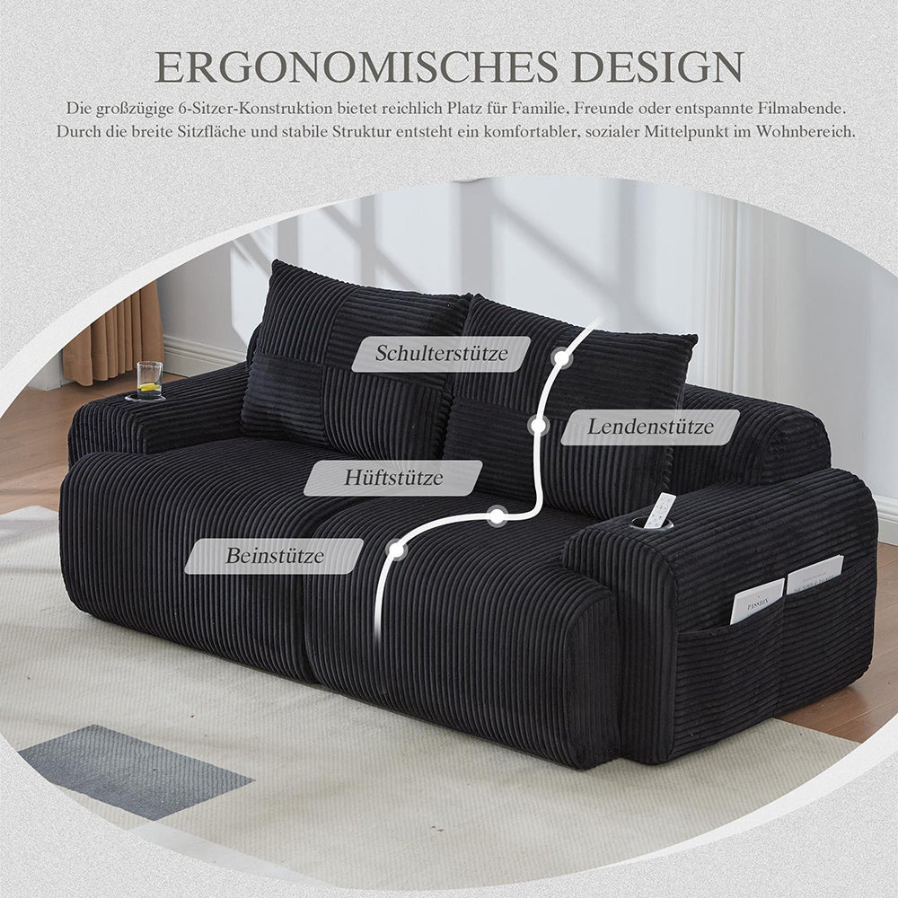 Canapé 2 places 200 cm - Canapé modulable avec accoudoirs - Porte-gobelets - Sans montage - Tissu velours côtelé - Noir - 3