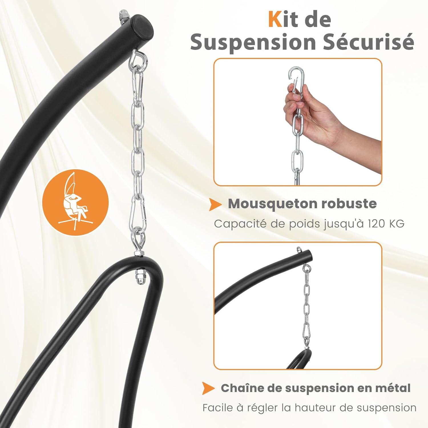 Sedia Sospesa con Supporto in Metallo, Sedia a Dondolo con Sedile Imbottito, Telaio in Metallo Robusto, Sedia a Dondolo per Portico, Giardino, - 6