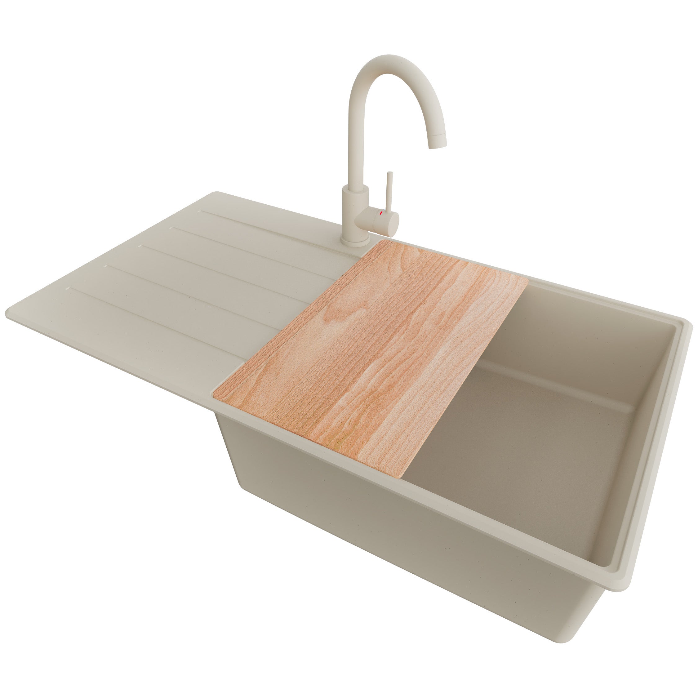 Zlewozmywak Granitowy Beżowy 90x50cm, Zlew Kuchenny 1 Komorowy + Bateria 32x20cm + Syfon + Deska, Nablatowy do szafki od 60cm - Kopenhaga PRIMAGRAN