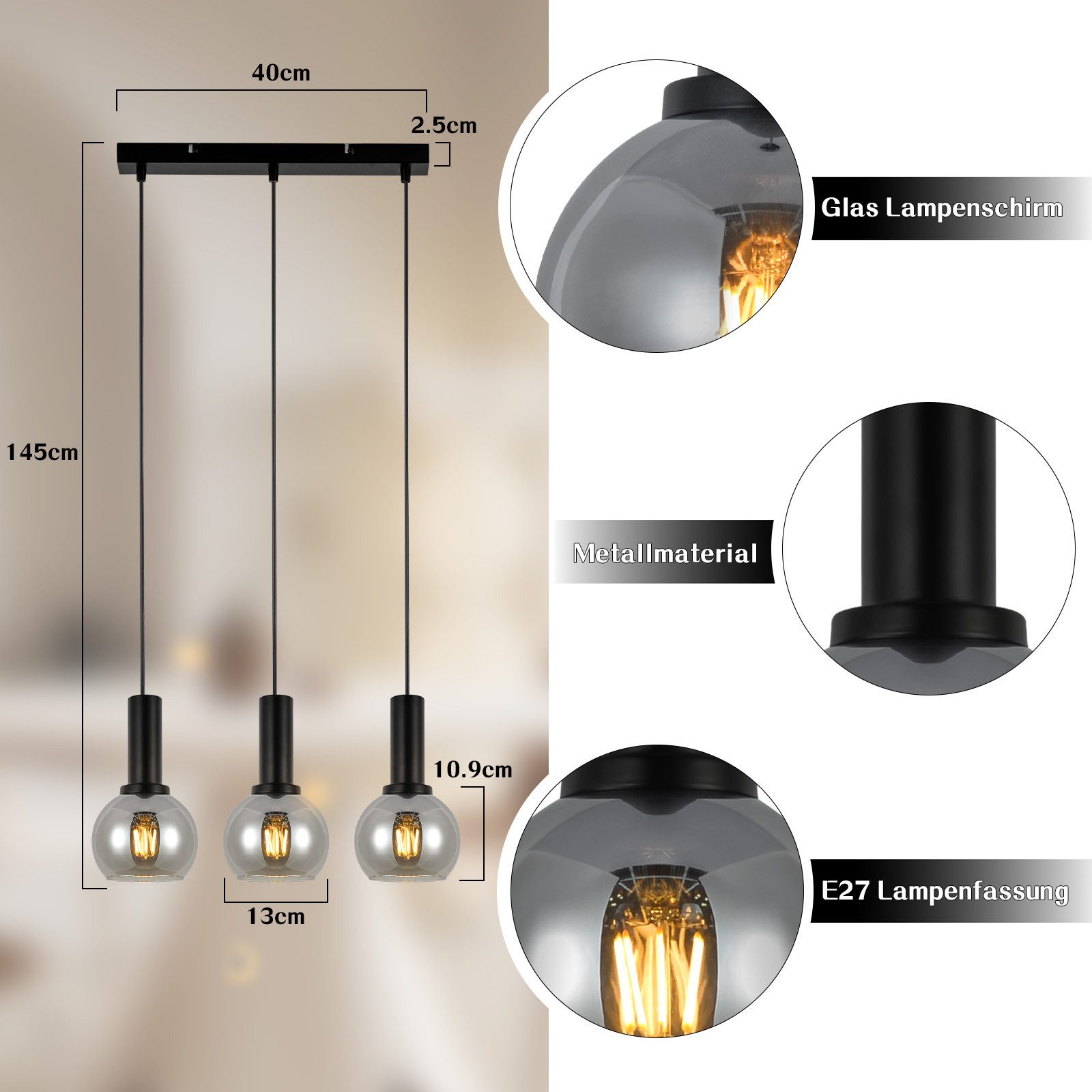 NETTLIFE Vintage 3-płomienna lampa wisząca szkło E27 lampa do jadalni regulowana wysokość industrialna - 3