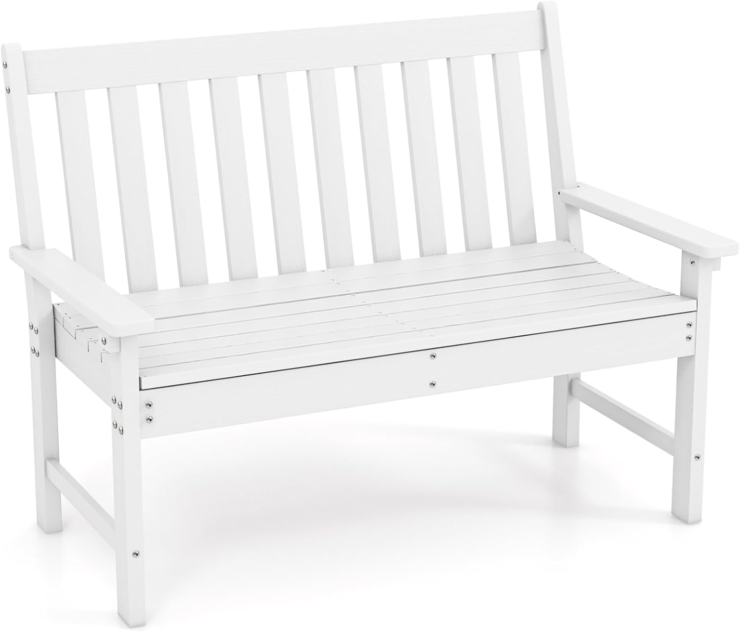 Ławka Ogrodowa dla 2 Osób, Ławka Zewnętrzna z HDPE z Oparciem i Podłokietnikami, Nośność 320 kg, na Patio, Taras, Balkon, 132 x 65 x 91 cm (Biała)