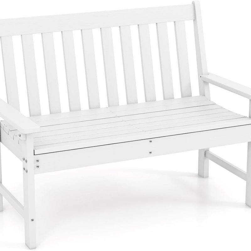 Ławka Ogrodowa dla 2 Osób, Ławka Zewnętrzna z HDPE z Oparciem i Podłokietnikami, Nośność 320 kg, na Patio, Taras, Balkon, 132 x 65 x 91 cm (Biała)