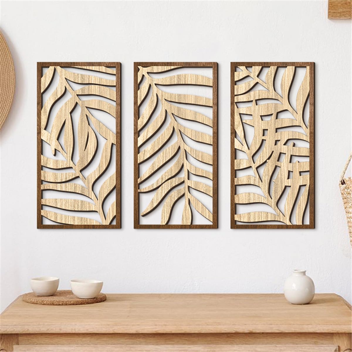 Lot de 3 décorations murales en bois feuilles tropicales, style minimaliste bohème, sculpture 3D découpée, pour salon chambre cuisine - 4