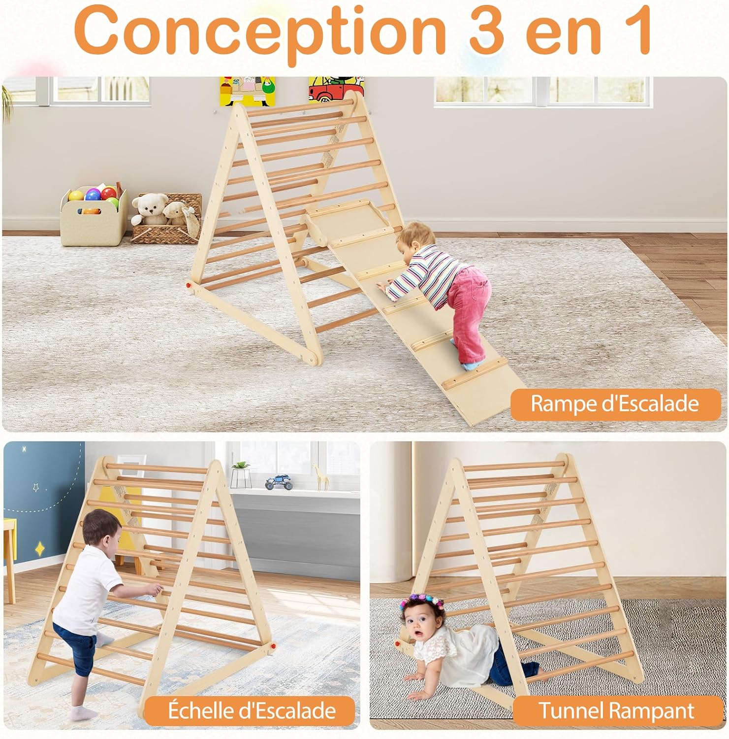 Triangolo a Gradini, Scala Giochi Arrampicata a Triangolo, con Scivolo, Palestra Coperta da Casa, Legno, Ideale per Bambini 3+ Anni (naturale) - 3
