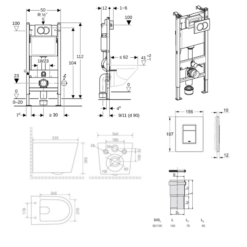 Duofix Pack WC bâti-support + WC suspendu sans bride avec abattant SoftClose Ceramia + plaque blanche (GEBCE14WT05-FR) - 5